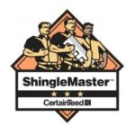 Logo of ShingleMaster by CertainTeed featuring three professional roofers, symbolizing expertise in roofing solutions. The design includes an orange diamond shape and the ShingleMaster certification, highlighting quality and professionalism in roofing services.