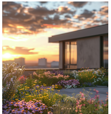 Rooftop garden with colorful flowers during sunset